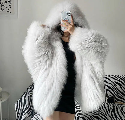 Faux Fur Jackets for Women Autumn Winter Short Bat Maxi Hooded Coats Warm Thick Coat Loose Open Stitch Jacket Y2k Streetwear Good Vibrations