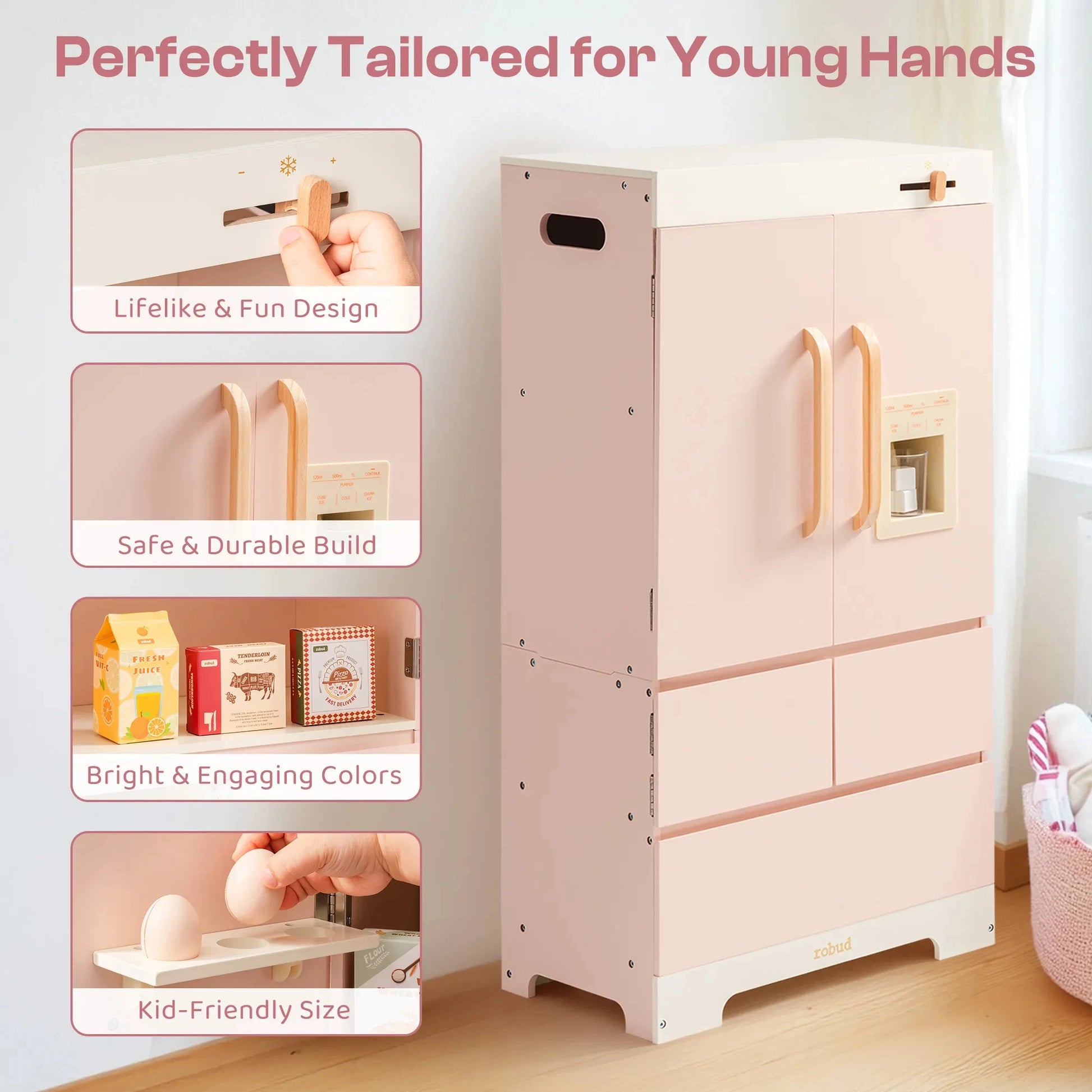 ROBUD Wooden Kids Kitchen PlaySet Series Pink Montessori Toy Kitchen Pretend Playset for Kids Aged 3+ Good Vibrations