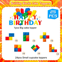Building Blocks Cake Topper, 24 Pcs Building Block Birthday Party Cupcake Toppers + 1 Pcs Building Block Birthday Cake Topper Good Vibrations
