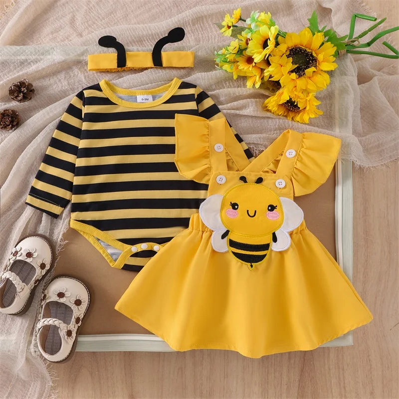 FOCUSNORM 3pcs Lovely Baby Girls Autumn Clothes Sets Flying Sleeve Solid/Striped Romper Embroidery Suspender Dress Headband Good Vibrations