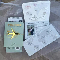 30/55pcs Sage Green Invitation, Custom Paper Passport Tickets Invite Cards With Acrylic Plane, Travel Wedding Theme Template Good Vibrations