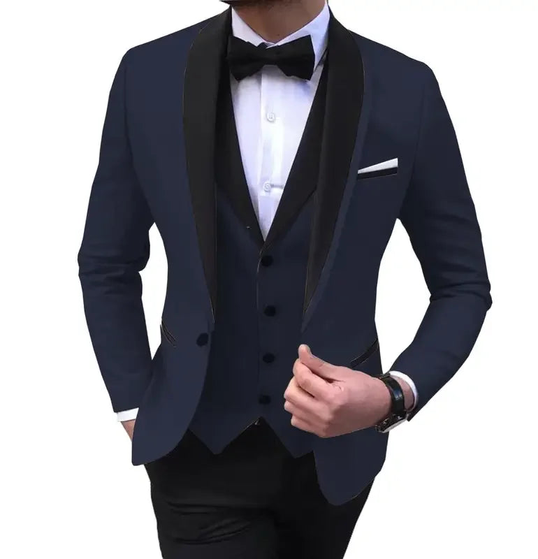 3 Piece Blue Slit Mens Suits Black Shawl Lapel Casual Tuxedos for Wedding Groomsmen Suits Men (blazer+vest+pants) Good Vibrations