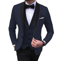 3 Piece Blue Mens Suits Black Shawl Lapel Casual Tuxedos for Wedding Groomsmen Suits Men (blazer+vest+pants) Good Vibrations