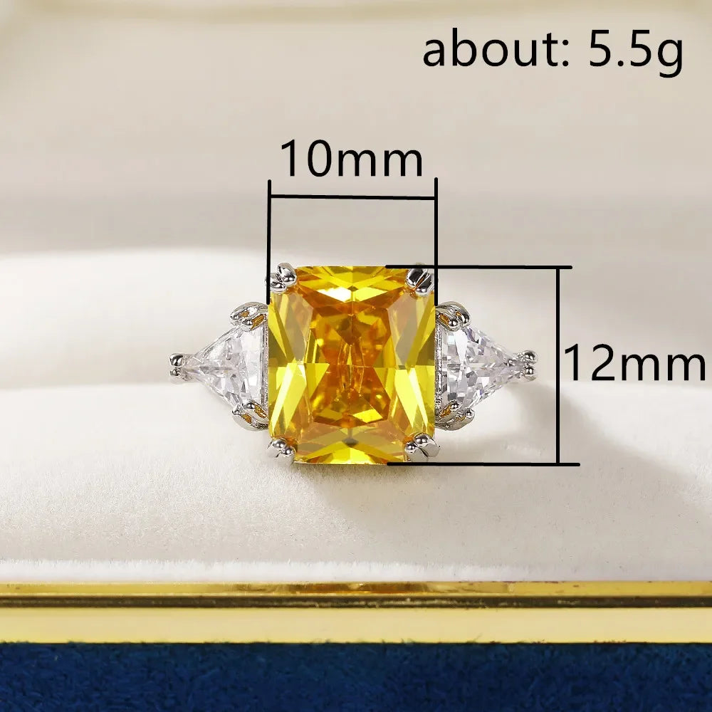 Huitan Geometric Shaped Yellow Cubic Zirconia Rings Silver Color Wedding Bands for Women Brilliant Accessories  Party Jewelry Good Vibrations