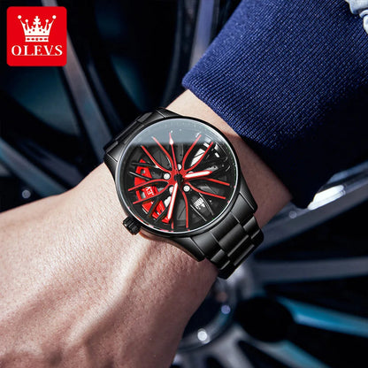 OLEVS Watch for Men 360° Rotary Dial Sport Car Rim Wheel Hub Waterproof Luminous Fashion Stainless Steel Men's Quartz Wristwatch Good Vibrations