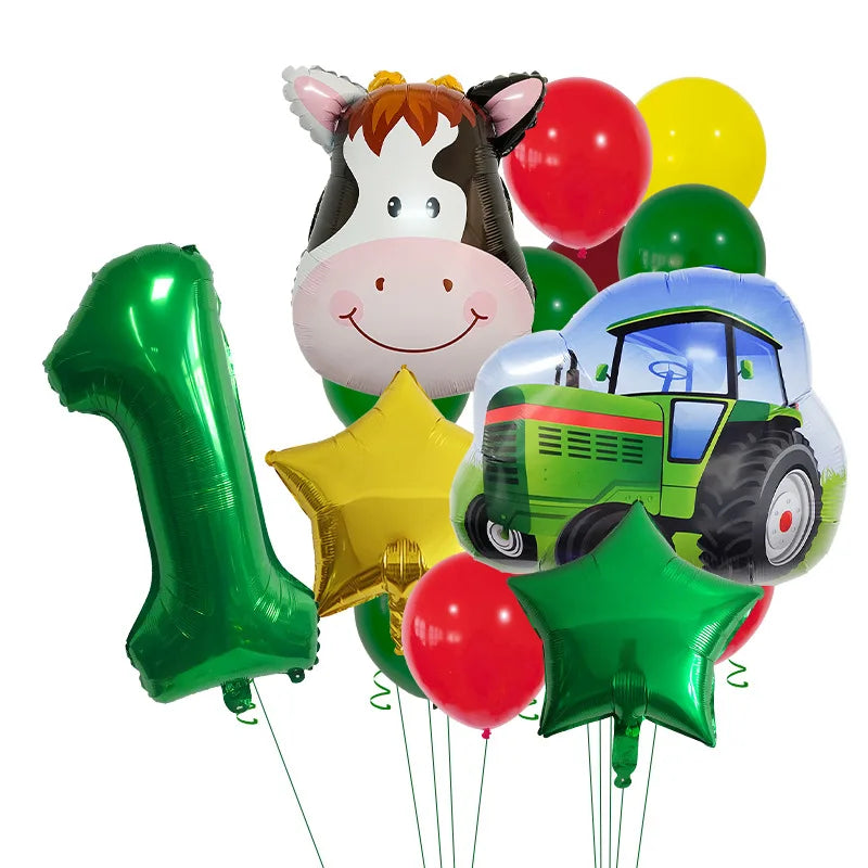 14pcs Farm Themed Tractor Milk Cow Head Balloon 32 inch Green Number Birthday Balloon Set Festive Party Decoration Birthday Gift Good Vibrations