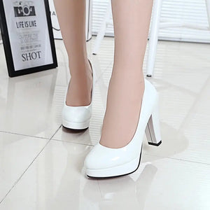 2025 High Heels Shoes Women White Wedding Shoes Thick 10 CM Heels Fashion Party Pumps Footwear Black Red Round Zapatos De Mujer Good Vibrations
