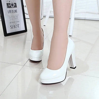 2025 High Heels Shoes Women White Wedding Shoes Thick 10 CM Heels Fashion Party Pumps Footwear Black Red Round Zapatos De Mujer