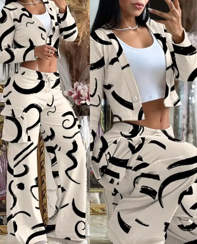 Women's Spring Summer New Fashionable Solid Color Printed Sexy Waist Short Top Casual Pants Set For Women Good Vibrations