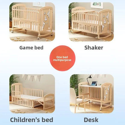 2025 New Baby Comfortable Sleeping Bed Solid Wood Newborn Baby Bed Multifunctional Baby Rocking Bed with Wheels and Mosquito Net Good Vibrations