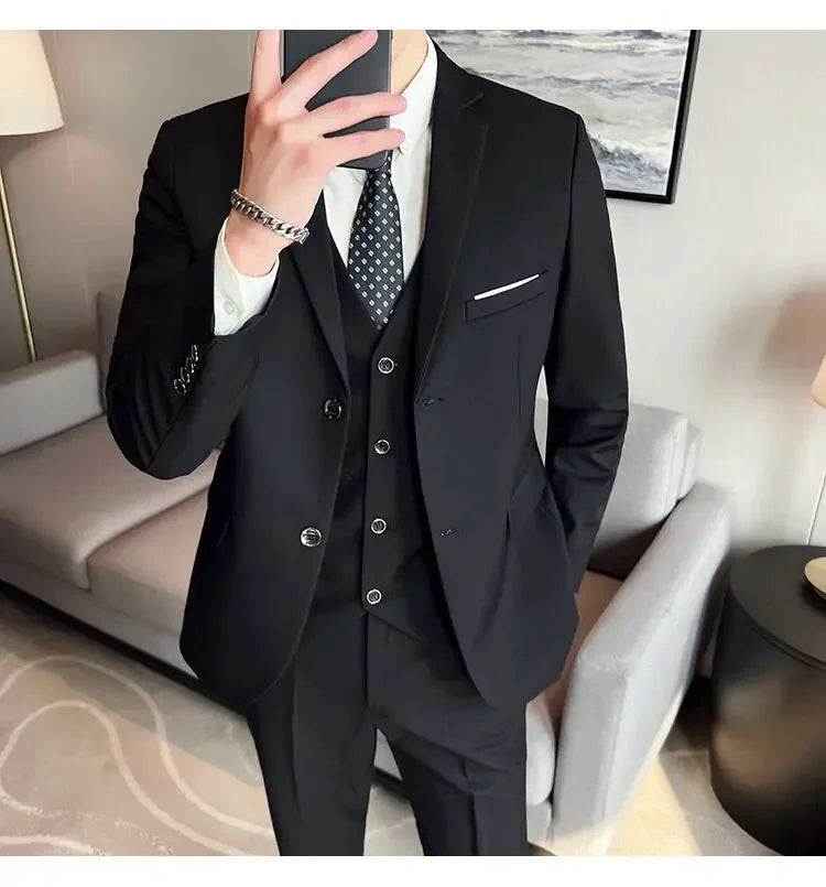 Suit (suit +Vest+Pants) Formal Business Men Four Seasons Professional Fashion Gentleman Solid Color Outdoor British Style Suit