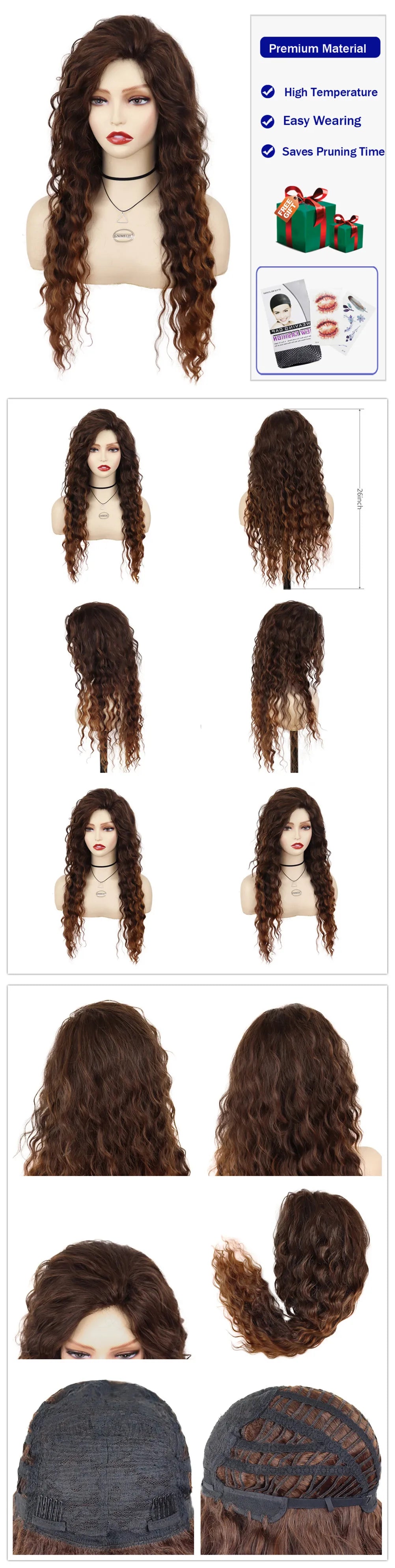 GNIMEGIL Synthetic Long Wave Cur Wigs Female Natural Brown Wig with Clip Free Part Side Bangs 80s Curly Wigs for Women Ombre Wig Good Vibrations