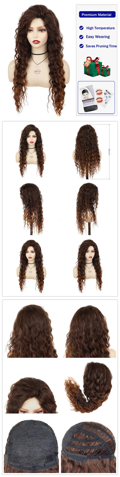 GNIMEGIL Synthetic Long Wave Cur Wigs Female Natural Brown Wig with Clip Free Part Side Bangs 80s Curly Wigs for Women Ombre Wig Good Vibrations