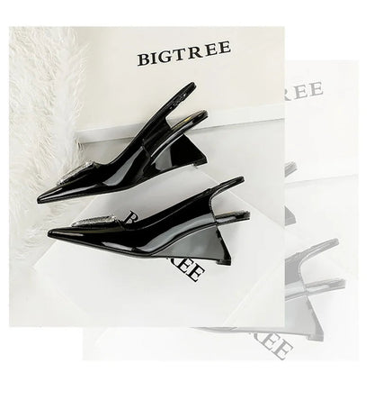 Wedges Women Shoes High Heel Shallow Pointed Toe Hollow Back Straps Patent Leather Triangle Metal Crystal Buckle Pumps Good Vibrations
