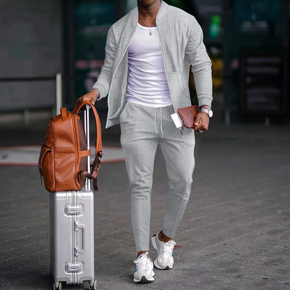 Autumn Winter Men's Casual Blazer Set New Fashion Waffle Baseball Suit Round Neck Pocket Zipper Long Sleeve Trousers Two-Piece S Good Vibrations