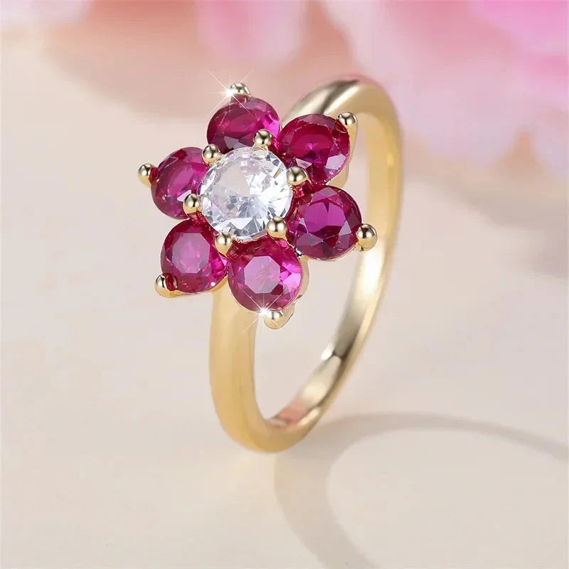 Charm Cherry Flower Rings For Women Rose Red Stone Cocktail Ring Wedding Bands Antique Gold Color CZ Engagement Party Jewelry Good Vibrations