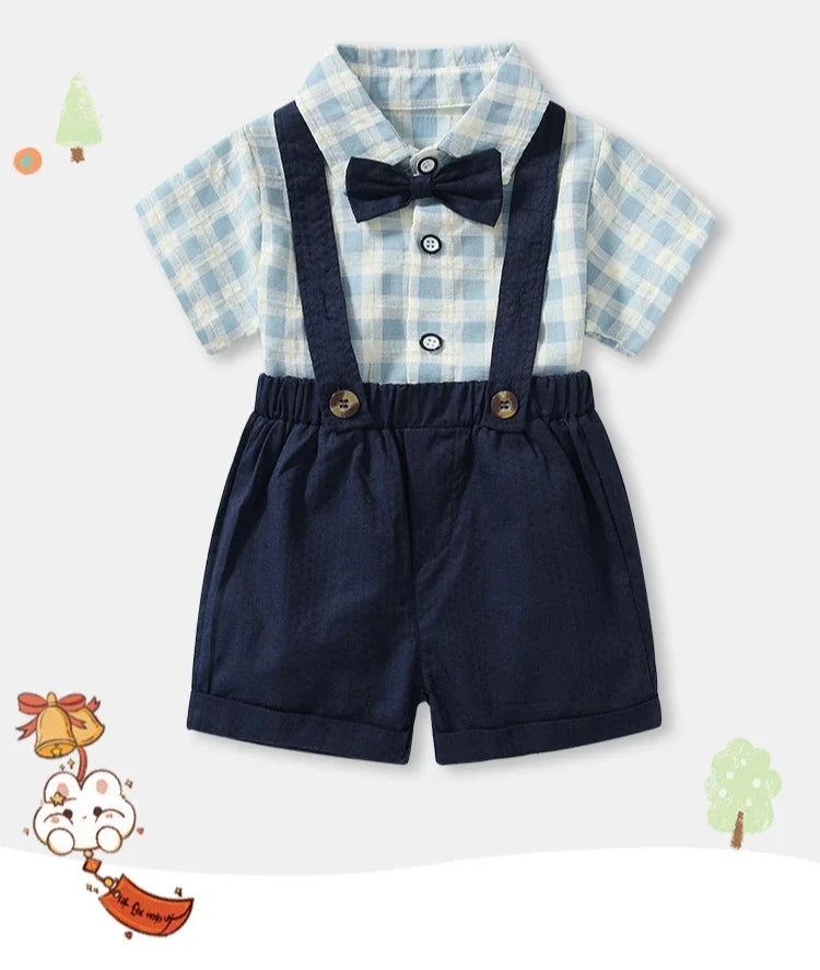 Performance Outfit for Boys Summer Short Sleeve Top Set Suspenders T-Shirt Kids Clothes Baby Gentleman Bow Tie Toddler Two-Piece Good Vibrations