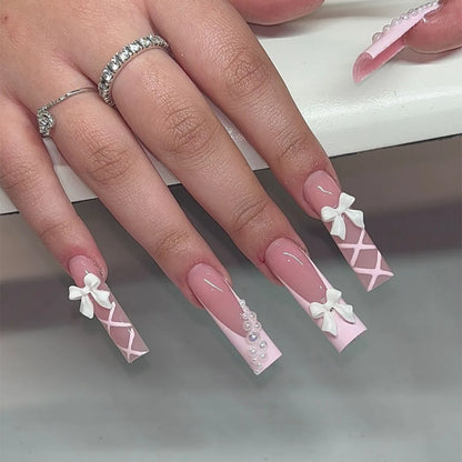 White French Press on Nails 3D Bowknot Fake Nails Tips Full Cover Wearable False Nails for Women and Girls DIY Manicure 24Pcs Good Vibrations