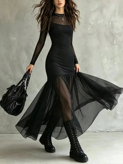 Women's Spring/Summer Outfit, Elegant Dress, Holiday Outfit, Casual Dress, Outing Dress, Mesh Dress, Long Sleeve Dress, Graduati Good Vibrations