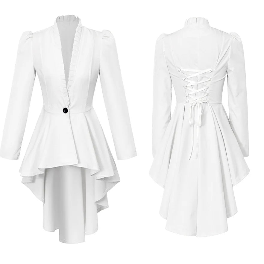 Women Medieval Victorian Costume Tuxedo Tailcoat Gothic Steampunk Trench Irregular Hem Vintage Frock Outfit Coat Party Dress Good Vibrations