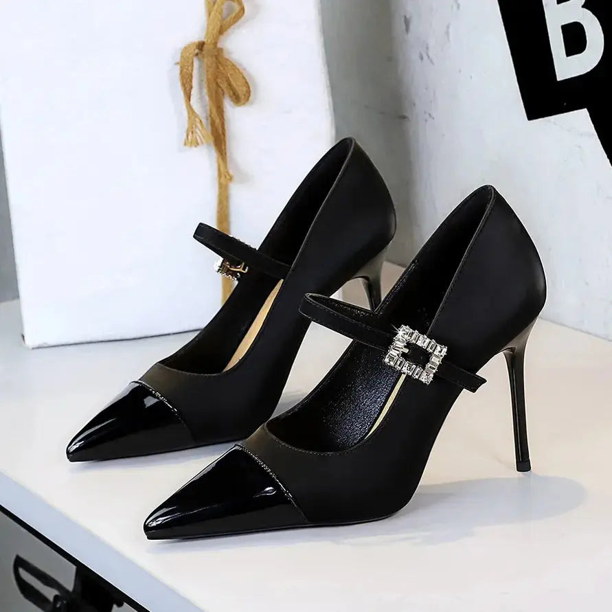 Women 9.5cm High Heels Lady Fashionable Rhinestone Pumps Female Pointed Toe Stiletto Heel Silk Comfortable Evening Shoes Good Vibrations