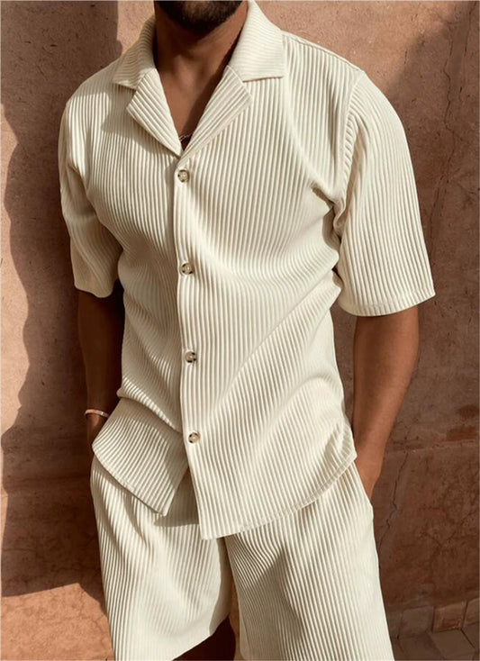 Spring/Summer suit Solid color corduroy shorts sleeve shirt and shorts stretch beach casual suit Good Vibrations