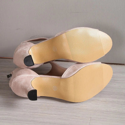 High Heel Womens Fashion Shoes - Zipper Back Closure Chunky French Heel, Round Toe T-strap Design Faux Leather Upper Rubber Sole Good Vibrations