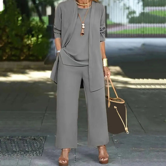 Women Clothes Stylish Women's 3-piece Pantsuit Set with Long Sleeve Cardigan O Neck Vest Wide Leg Trousers Fall Spring Outfit Good Vibrations