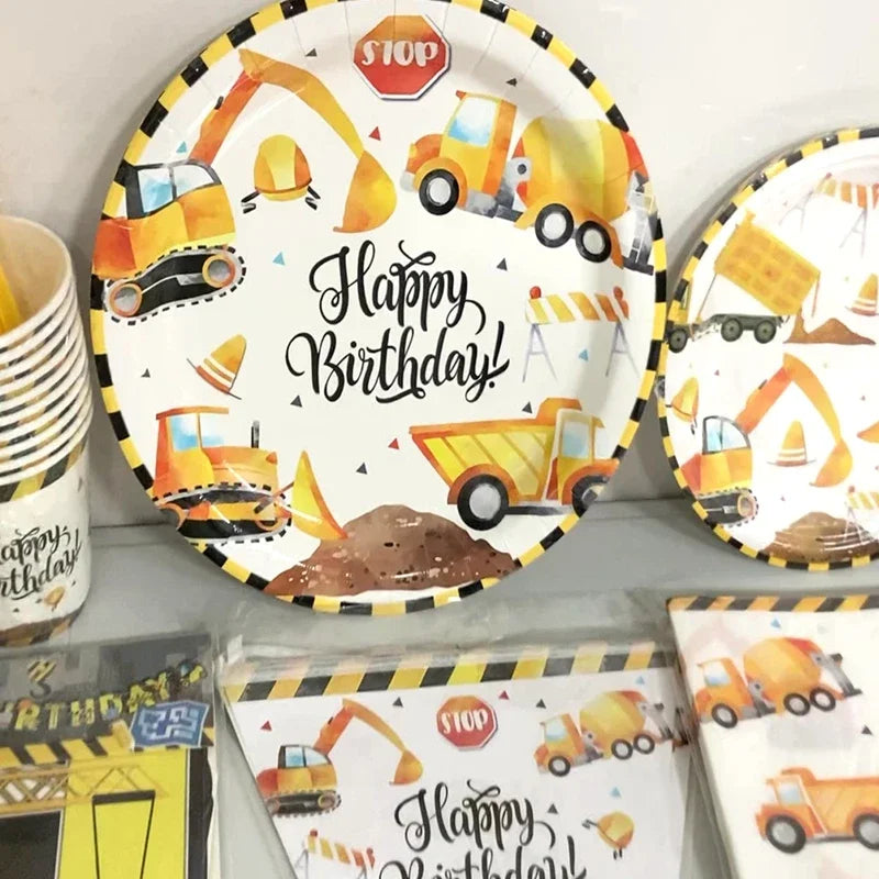 Construction Party Disposable Tableware Paper Plates Napkins Construction Truck Birthday Decorations Excavator Party Supplies Good Vibrations