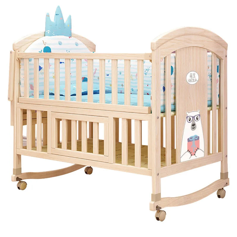 Comfortable Baby Bed,Solid Wood,Movable,with Diaper Changing Table and Mosquito Net,Multifunctional Baby Bed, Adjustable Height Good Vibrations
