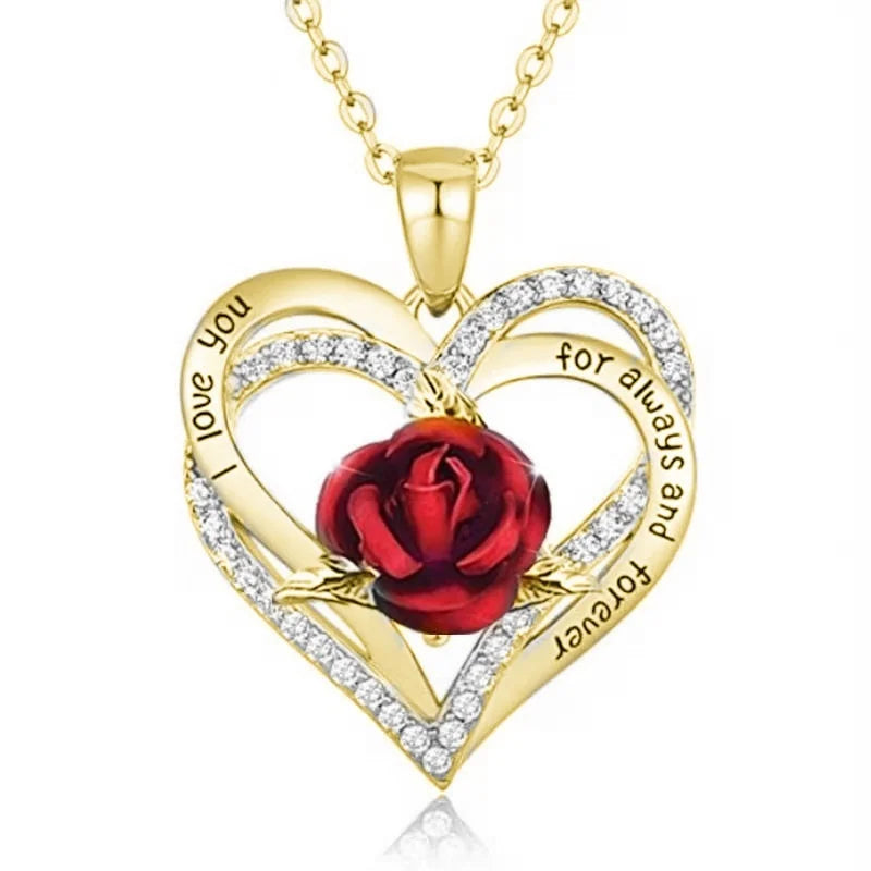 Fashion Women Heart Rose Necklace Cross Heart Bow Pendant Engagement Necklace for Women Flower Jewelry Birthday Anniversary Gift Good Vibrations