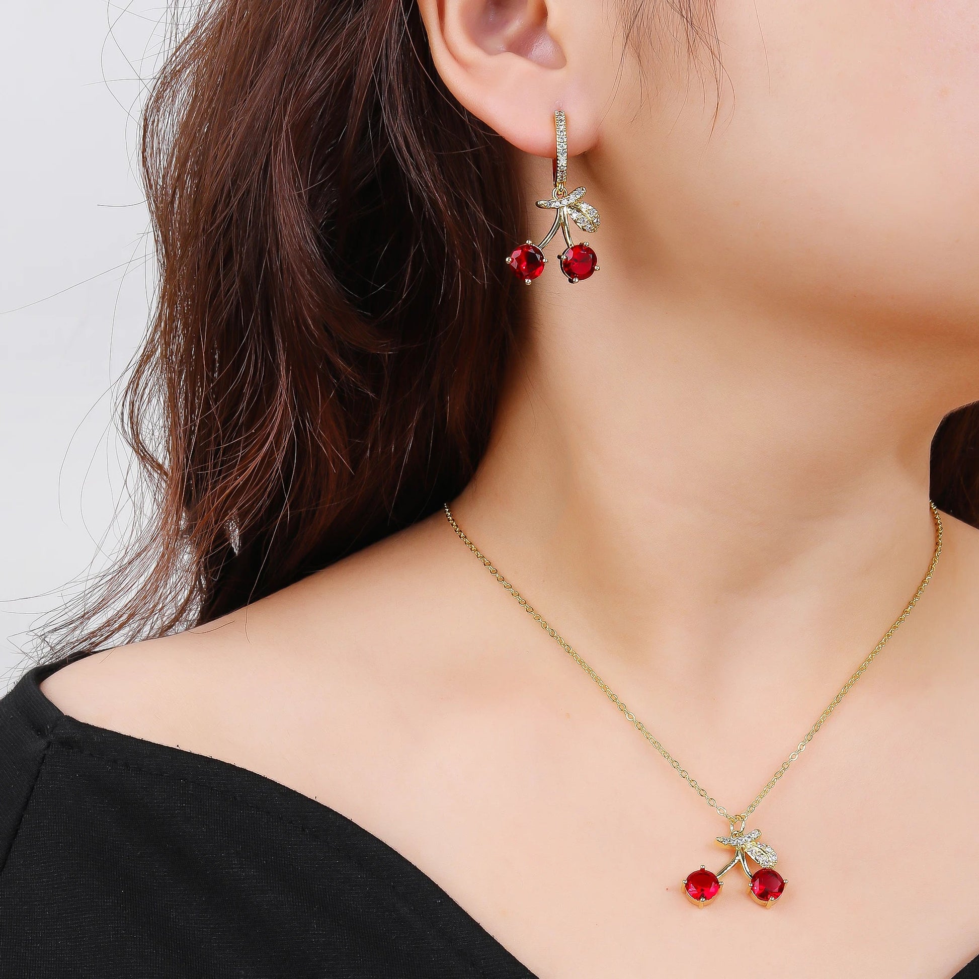 Light Luxury Crystal Zirconia Red Cherry Jewelry Set Earrings Necklace for Women Girls Sweet Jewelry Accessories Party Gifts Good Vibrations Adult Super Store