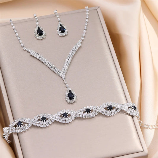 3 Pcs Luxury Rhinestone Bride Jewelry Set for Women Black Water Drop Crystal Earrings Wedding V Necklace Eye Bracelet Fashion Good Vibrations Adult Super Store