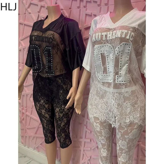 Fashion lace see-through two-piece sets for women with V-neck, short sleeves, and skinny shorts; available in black and white.