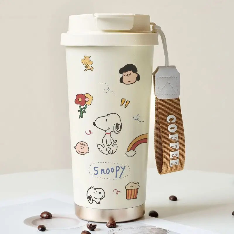Cartoon Cute Snoopy Anime Peripheral Thermos Cup Women's Heart Stainless Steel Large Capacity Coffee Cup Straw Water Cup Gift Good Vibrations