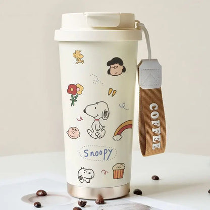Cartoon Cute Snoopy Anime Peripheral Thermos Cup Women's Heart Stainless Steel Large Capacity Coffee Cup Straw Water Cup Gift Good Vibrations