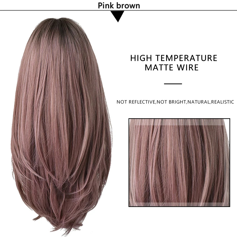 7JHHWIGS Long Wavy Synthetic Black Wigs For Women With Fringe Fashion Heat Resistant Mid-Length Daily Straight Light Brown Hair Good Vibrations