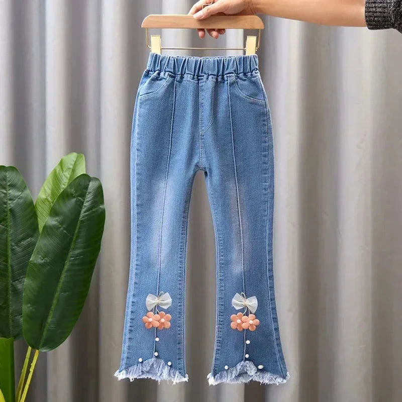 Kids Girls Jeans Pants for 2024 New Spring Autumn Long Flared Jeans Children's Pants 4-10Yrs Girls Cowboy Pants Trousers Good Vibrations