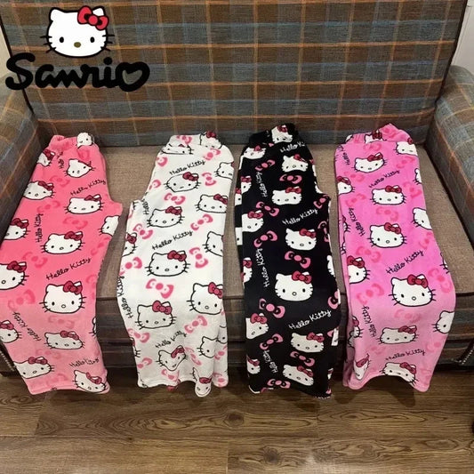 Sanrio Cartoon Hello Kitty Flannel Pajamas Black Women's Warm Woolen Cartoon Casual Home Pants In Autumn Winter Fashion Trousers Good Vibrations