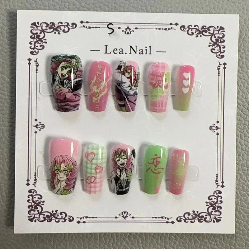 Lea.Nail Anime-Inspired Press-On Nails: Pink & Green Gradient Art with Hearts, Floral & Anime Designs | Cosplay-Ready 3D Accents Good Vibrations