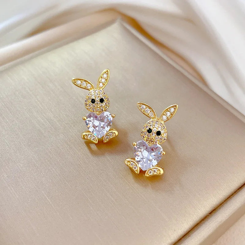 Stainless Steel Jewelry Sets for Woman Girls Shining Austrian Crystal Cute Rabbit Pendant Necklace Huggie Earrings Birthday Gift Good Vibrations Adult Super Store