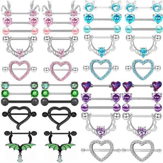 Stainless Steel Pink Bunny Nipple Piercing Jewelry Set 14G Green Bat Nipple Rings Bulk Cat Nipple Barbell Pack Piercing Pezon