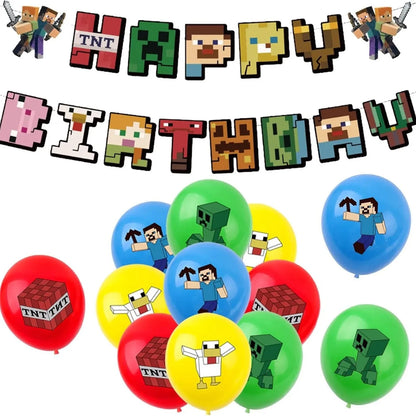 Blocky Game Birthday Party Decoration Set Pixel War Banner Balloons and Tablecloth Combination Birthday Party Festival Supplies Good Vibrations