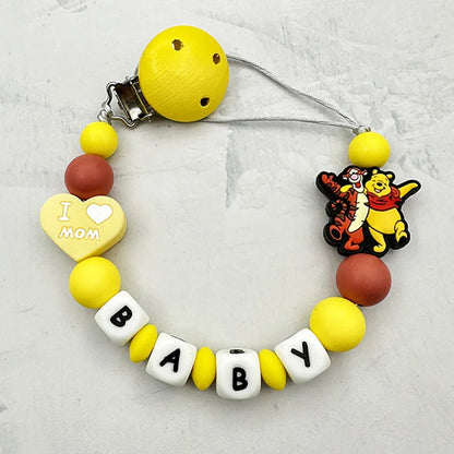 Personalized English Letters Baby Silicone Cartoon Disne Pacifier Clips Chains Holder Teether Pendants Teething Kawaii Baby Gift Good Vibrations