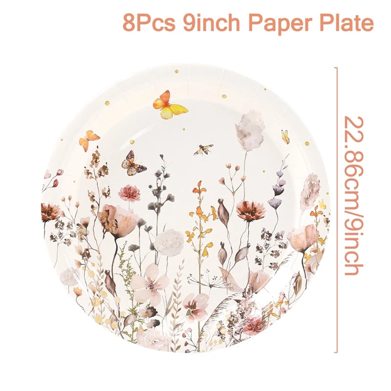 Spring Wild Flower Disposable Tableware Birthday Party Decor Wild Floral Paper Plates Cups Napkins Wedding Baby Shower Supplies Good Vibrations
