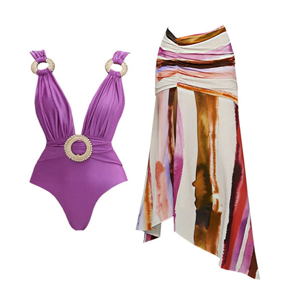 2Pcs Striped Swimsuit With Long Skirt Sexy Women Bikini Push Up Swimwear Halter Biquini Female Bathing Suit Slimming Beachwear Good Vibrations