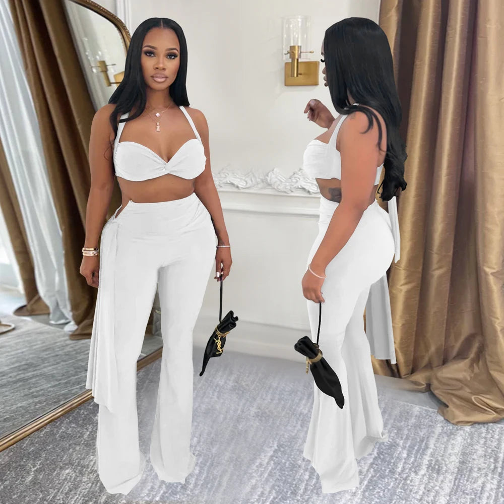 Sexy Women Outfits Twist-Front Crop Top and Long Straps Wide Leg Pants Sets Ruched Metal Tracksuits Sets Chic Night Out Overalls Good Vibrations