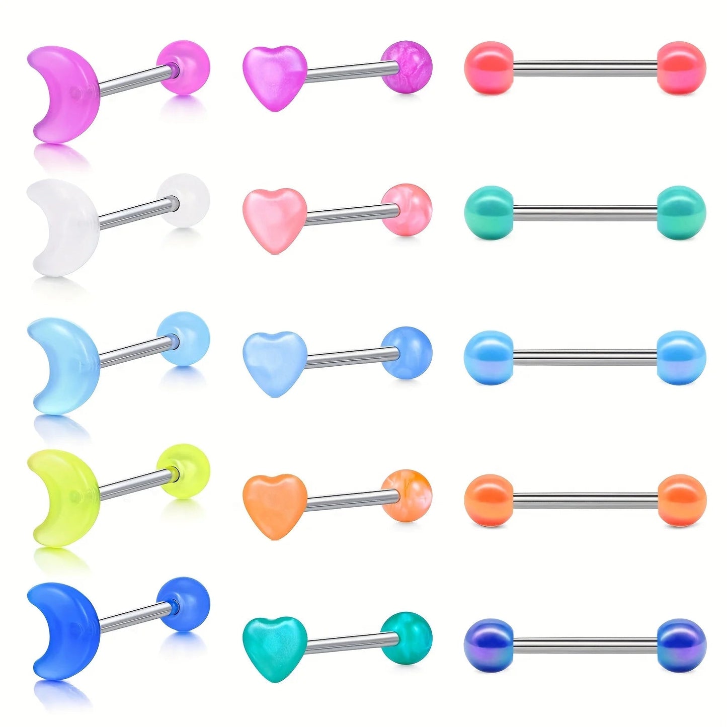 15PCS 16mm Stainless Steel Glow In The Dark Acrylic Tongue Rings, Straight Barbells Heart Moon Shape Tongue Piercing Jewelry Good Vibrations