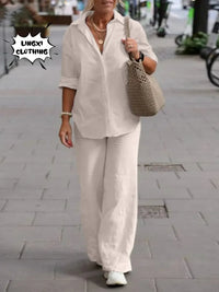 Summer Women's Two-Piece Women's 2024 New Lapel Long Sleeve Shirt Casual Solid Color Long Pants Set Two Piece Set for Women Good Vibrations