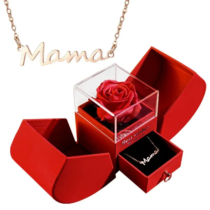 Gift for Women Eternal Rose Gift Box /w Heart Necklace I Love You To The Moon and Back Flower Jewelry Box for Wedding Birthday Good Vibrations